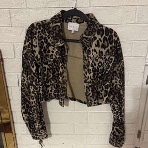 Mable Cropped Leopard Print Jean Jacket in Olive Black